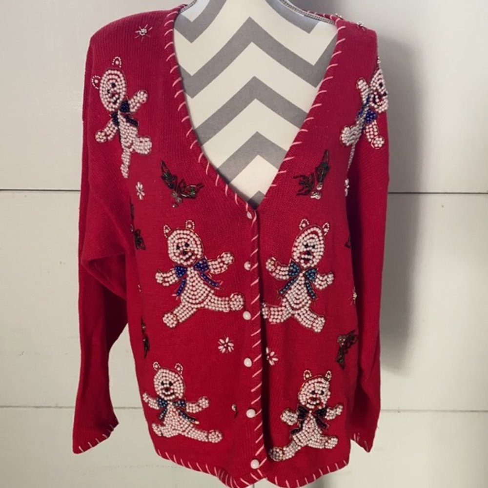 Vintage Carolyn Taylor Christmas Red Pearl Teddy Bear Knit Cardigan Sweater